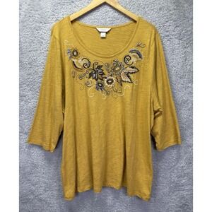 CJ Banks Womens 2X Top Embroidered Beaded Floral Scoop Neck Dark Yellow Boho
